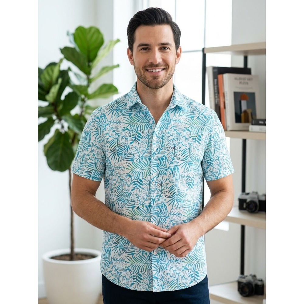 Apt 9 Mens XL Performance Shirt Short Sleeve Tropical Leaf Print Untucked Fit